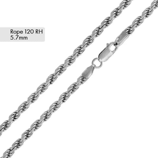 925 Sterling Silver Rhodium Plated Rope 120 Chain 5.7mm