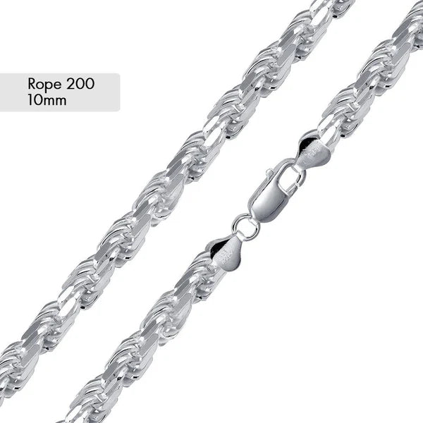 925 Sterling Silver Rope Diamond Cut 200 Chain 10mm