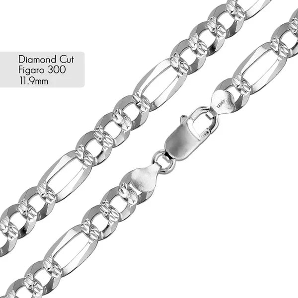 925 Sterling Silver Diamond Cut Figaro 300 11.9mm Chain or Bracelet