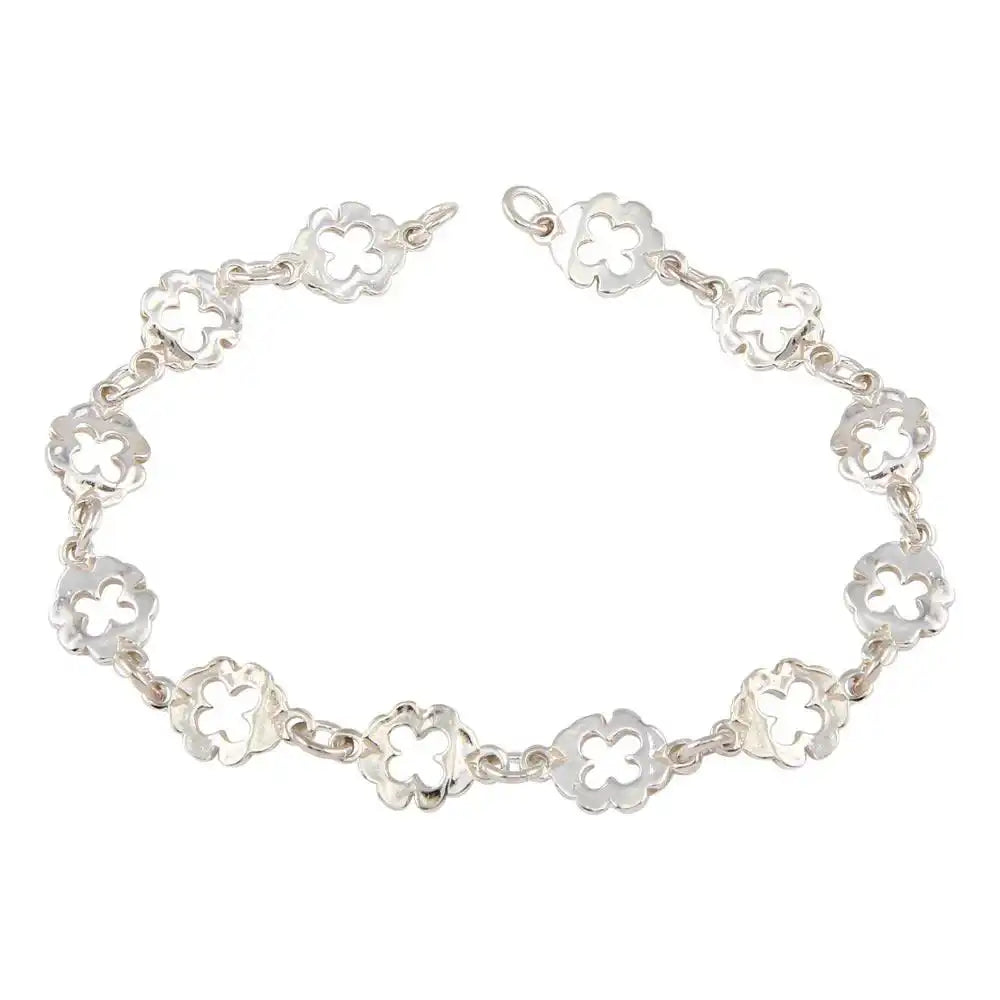 925 Sterling Silver High Polished Open Clover Leaves Charm Link Bracelet