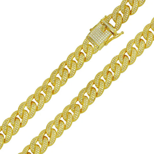 925 Sterling Silver Gold Plated CZ Encrusted Curb Chain or Bracelet 11.7mm