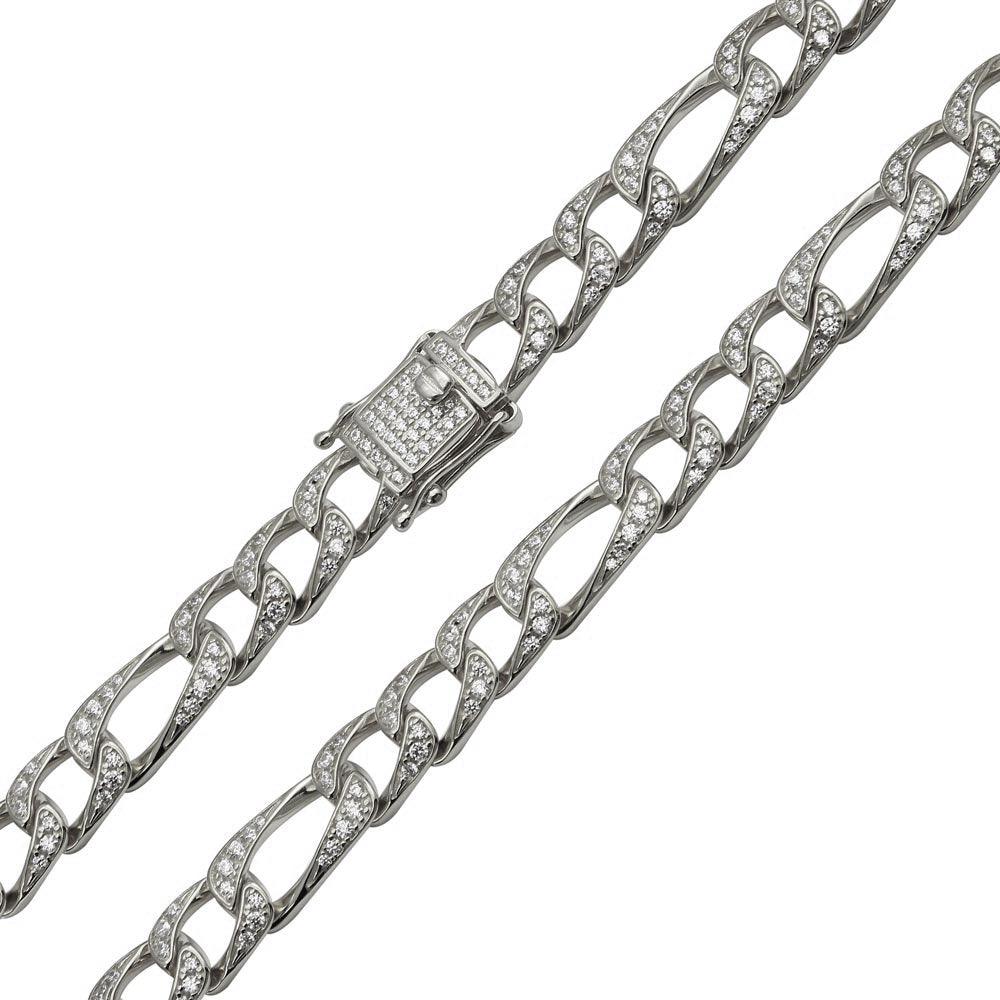 925 Sterling Silver Rhodium Plated CZ Encrusted Figaro Chains 8.2mm