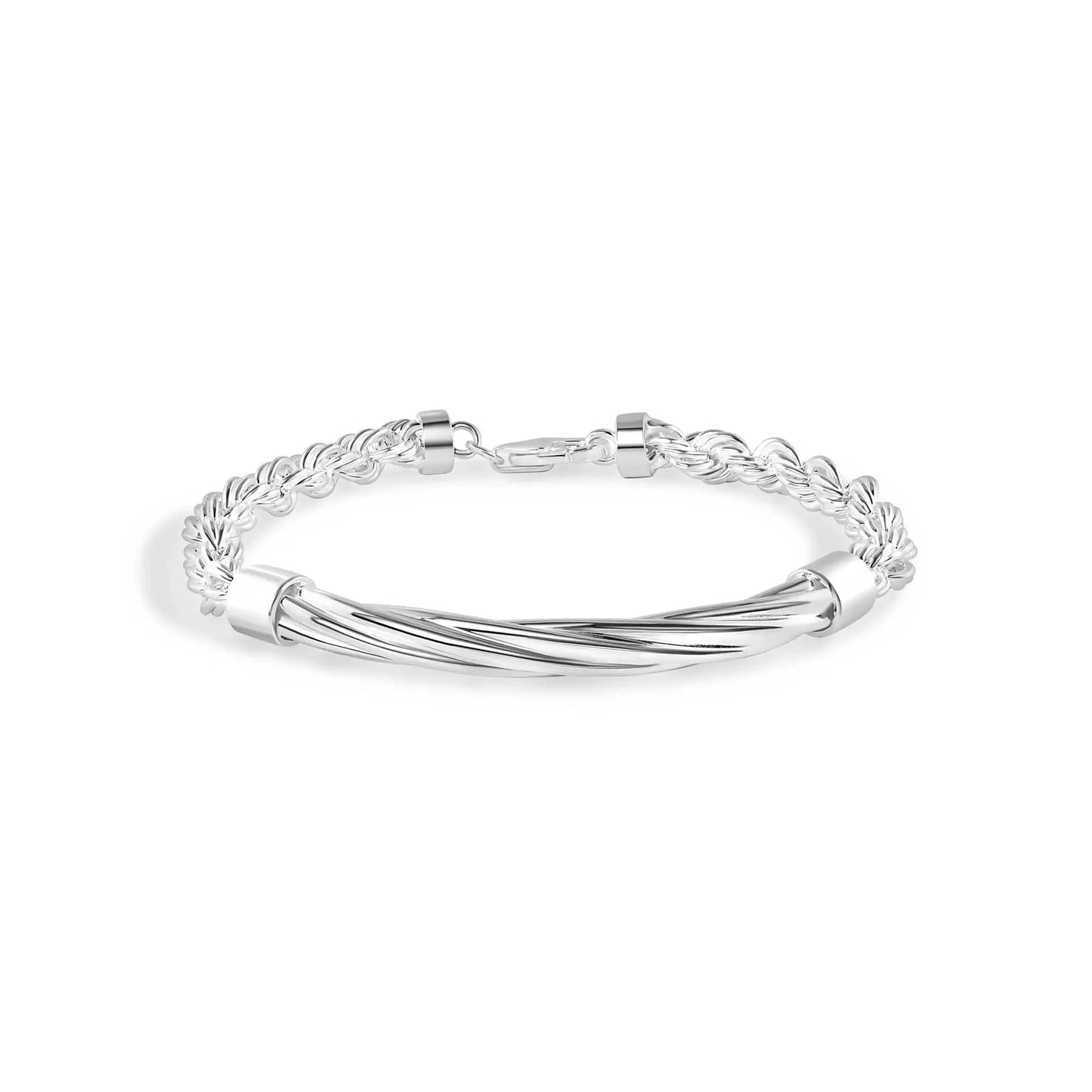 925 Sterling Silver Hollow Rope Twisted Round Bar 4mm Bracelet