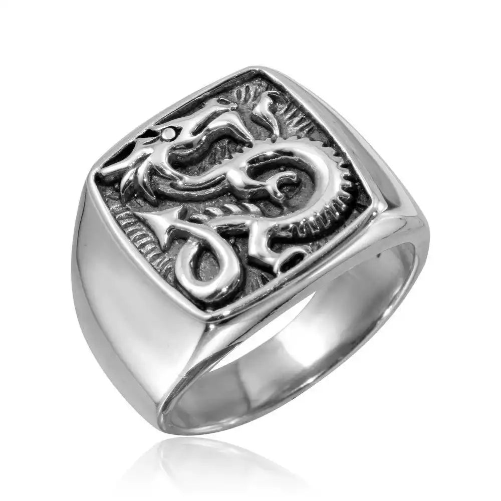 925 Sterling Silver High Polished Square Dragon Ring