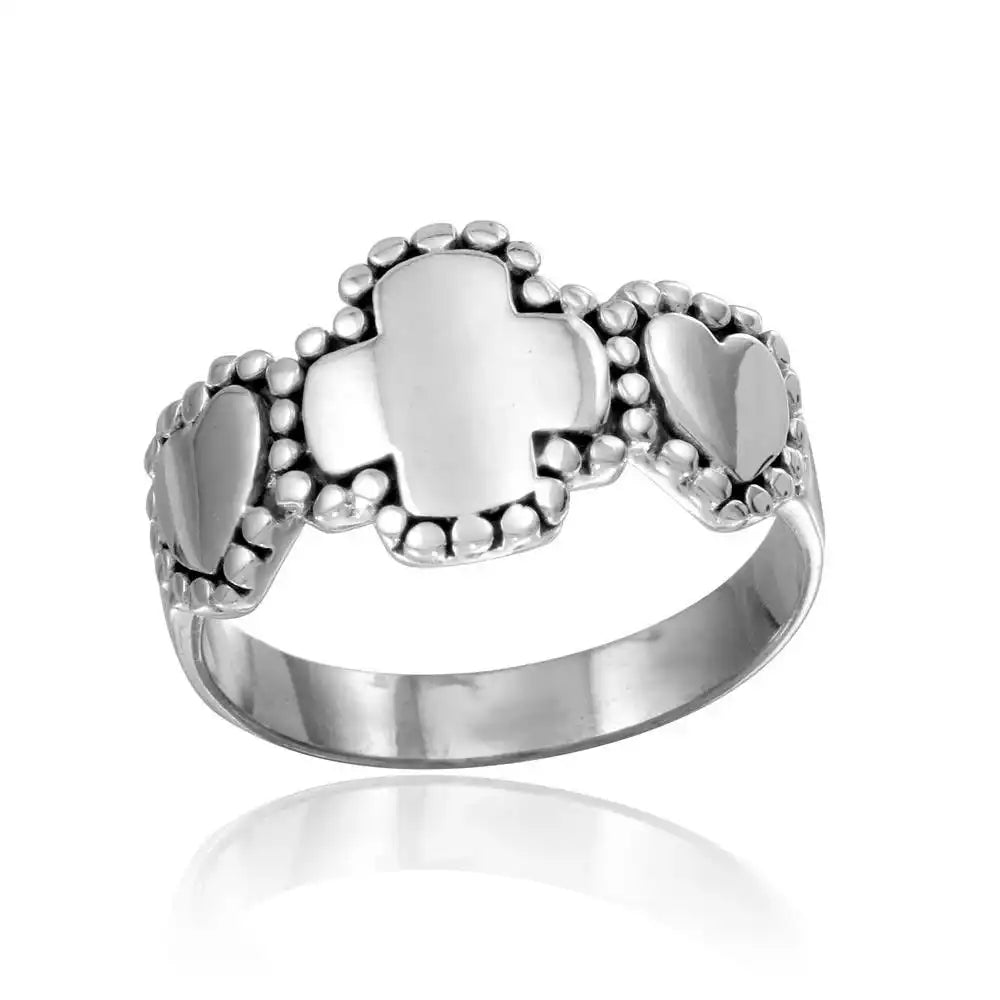 925 Sterling Silver High Polished Heart and Cross Ring