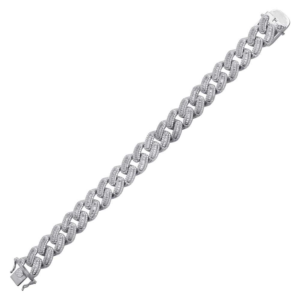 925 Sterling Silver Rhodium Plated Baguette CZ Round Curb Bracelet