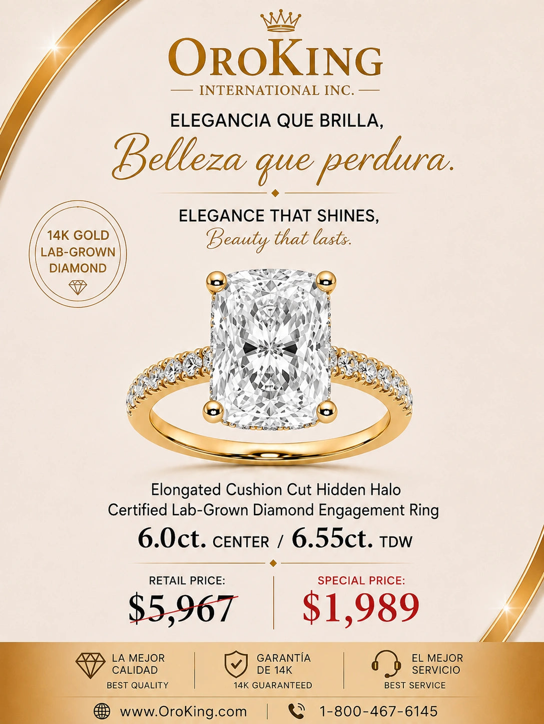 Women's 14K Gold Certified Lab-Grown Diamond Cushion Cut Hidden Halo Ring with Diamond Band 6.00ct. Center Stone/ 6.55 TDW