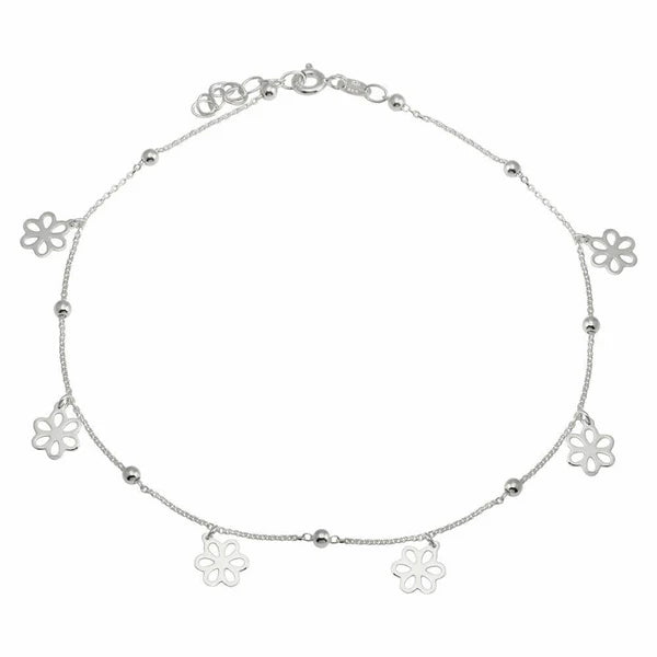 925 Sterling Silver Rhodium Plated Dangling Flower Anklets