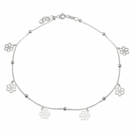 925 Sterling Silver Rhodium Plated Dangling Flower Anklets
