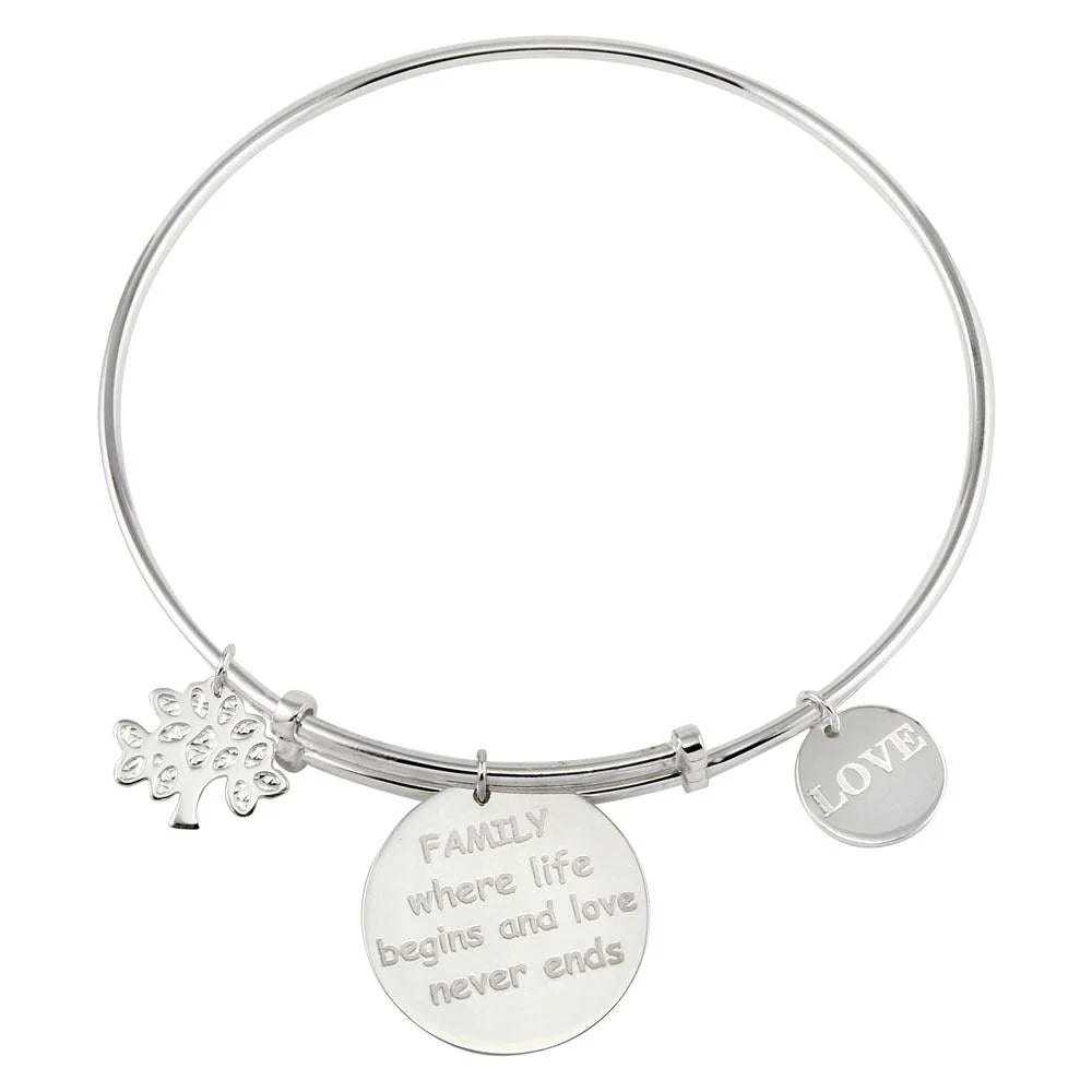 925 Sterling Silver Rhodium Plated Family Charms Adjustable Bangle