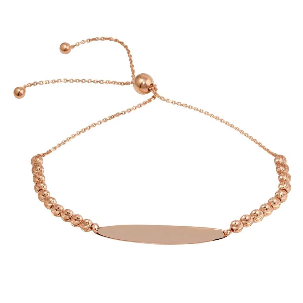 925 Sterling Silver Rose Gold Plated Beaded Engravable ID Lariat Bracelet