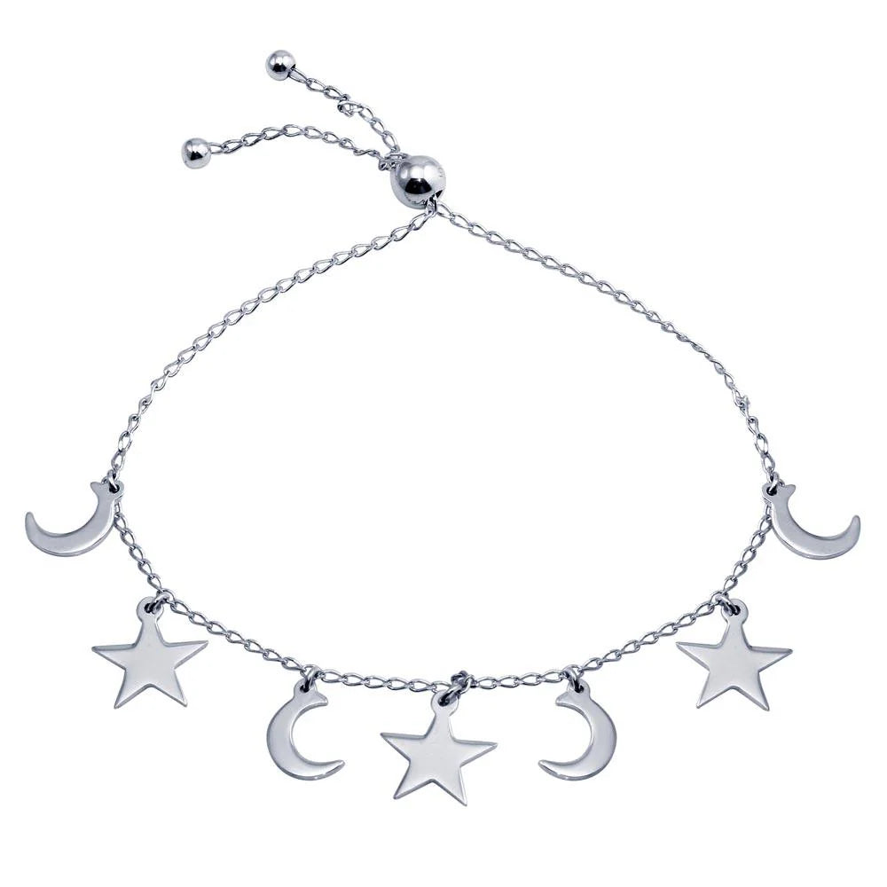 925 Sterling Silver Rhodium Plated Crescent, Heart and Star Dangling Bracelet