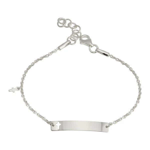 925 Sterling Silver Rhodium Plated Dangling Cross Baby ID Bracelet
