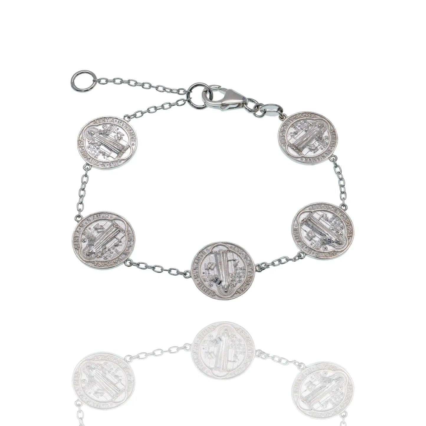 925 Sterling Silver High Polished Saint Benedict Prayer Medal Adjustable Bracelet