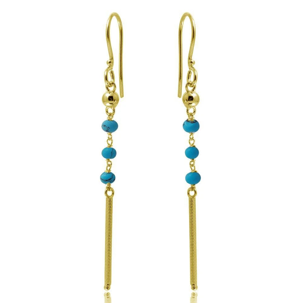 925 Sterling Silver Gold Plated Dangling 3 Turquoise Bead with Matte Gold Bar Earrings