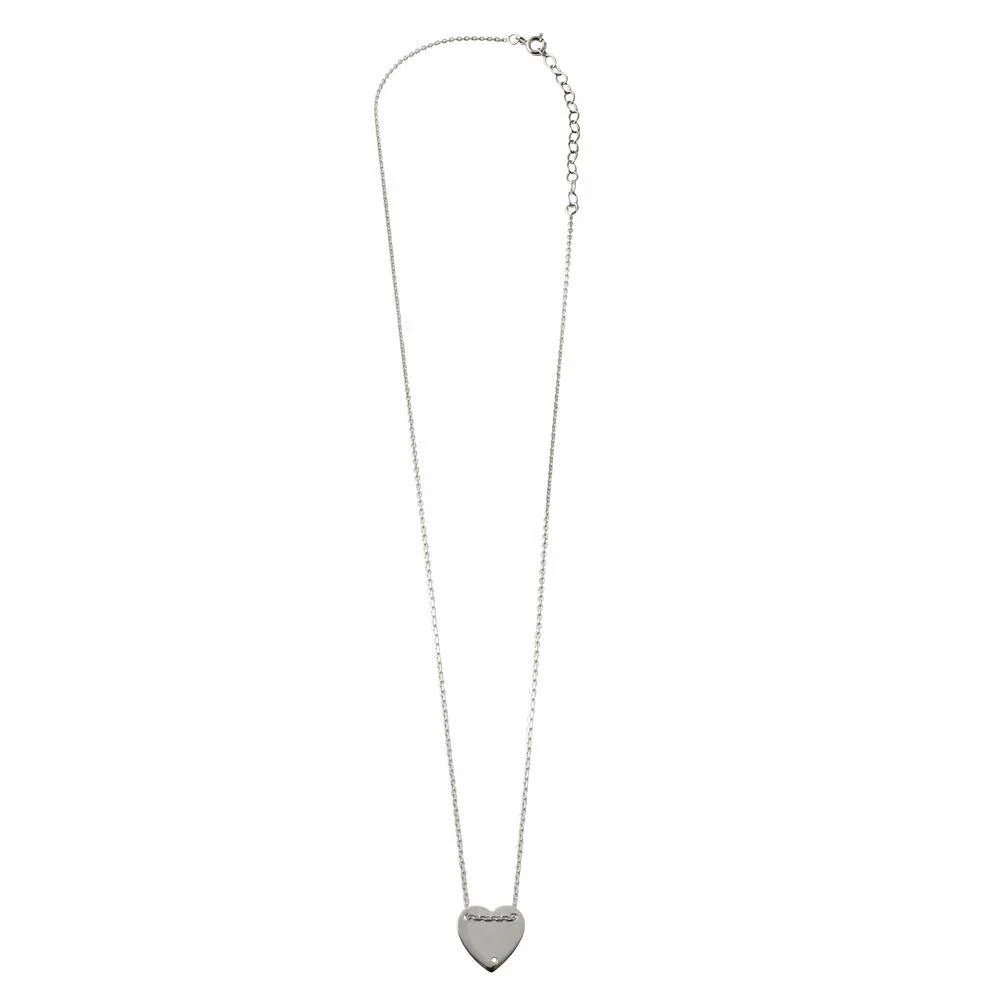 925 Sterling Silver Rhodium Plated Engravable Heart Shaped Necklace with CZ
