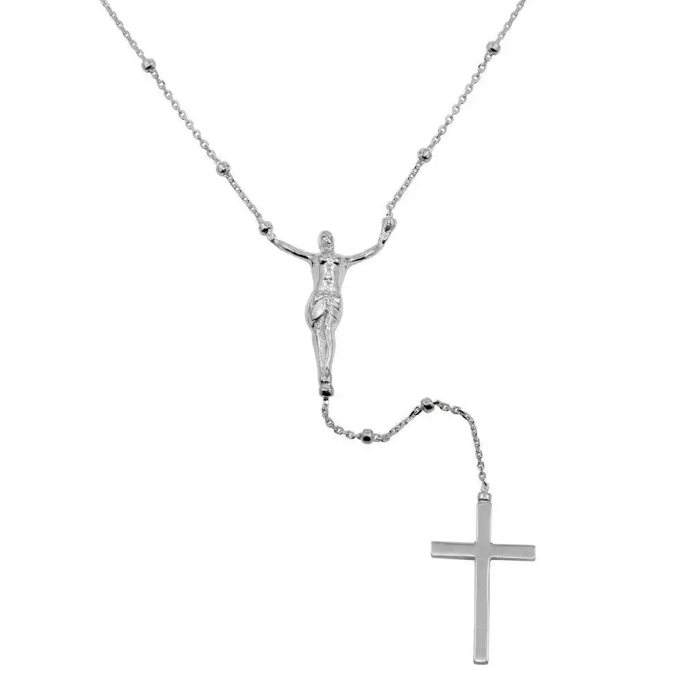 925 Sterling Silver Rhodium Plated Crucifix Rosary Necklace