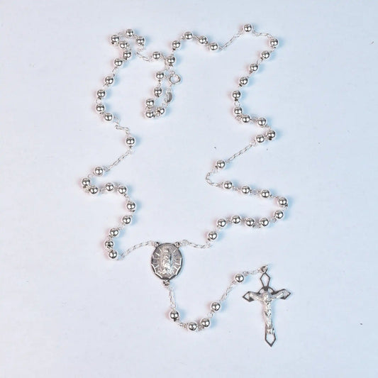 925 Sterling Silver High Polished 6mm Smooth Bead Rosary