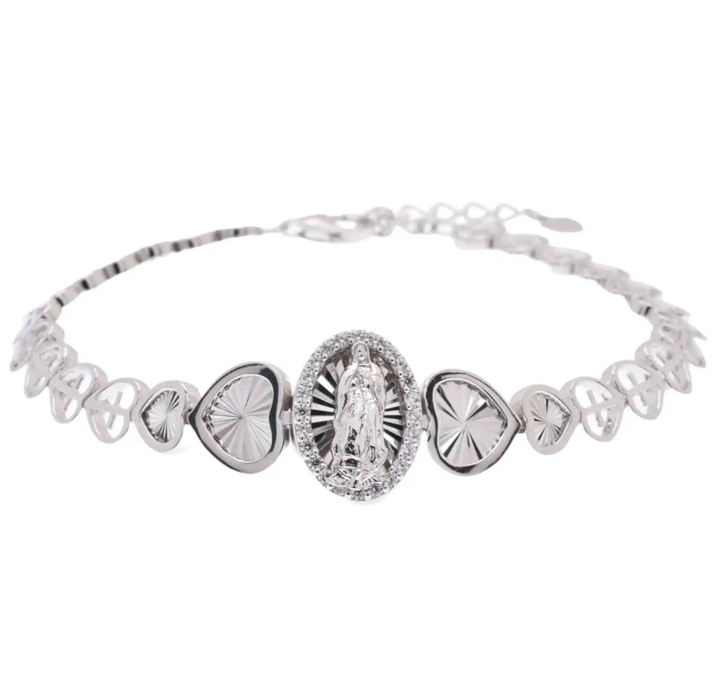 925 Sterling Silver Rhodium Plated 6.9mm Our Lady of Guadalupe Clear CZ Diamond Cut Heart Cross Chain Adjustable Bracelet