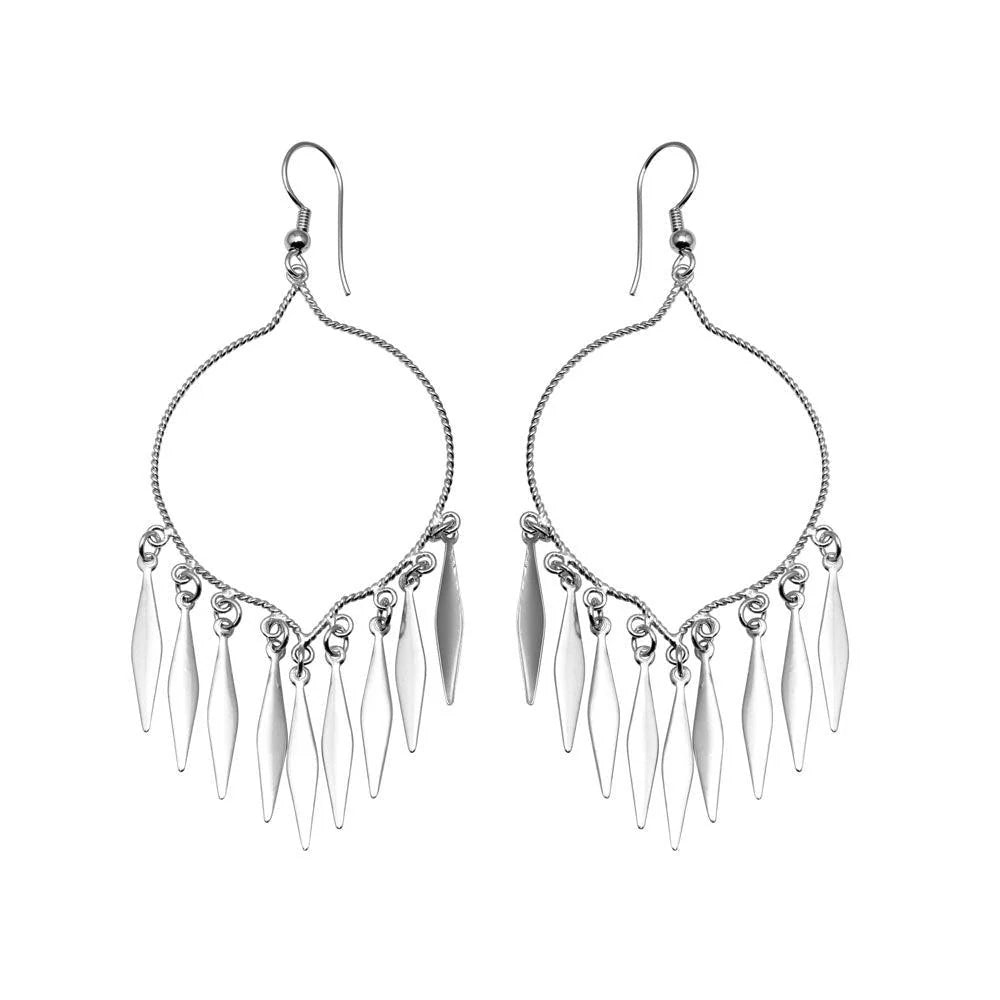 925 Silver Rhodium Plated Open Circle Dangling Black Sharp Marquis Hook Chandelier Earrings