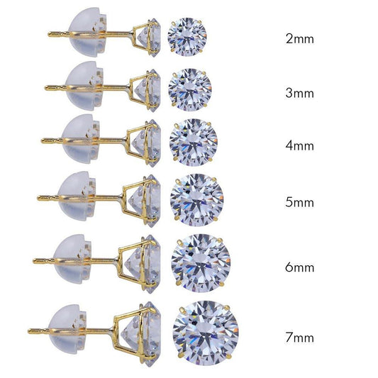 14 Karat Yellow Gold Round Silicone Backing CZ Stud Earring