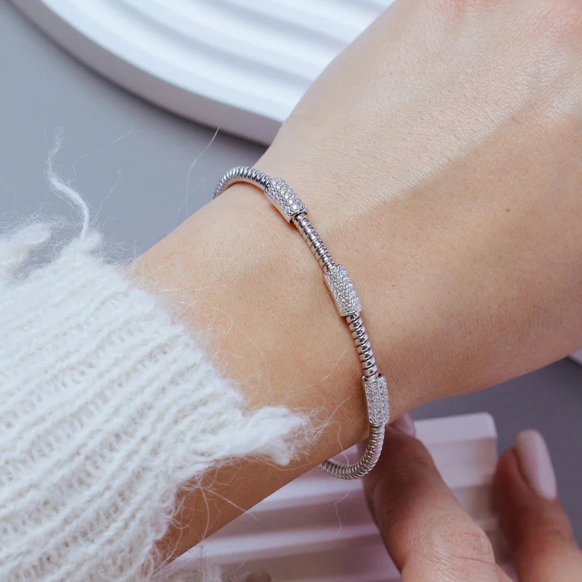 925 Sterling Silver Rhodium Plated Bar CZ Cuff Bracelet