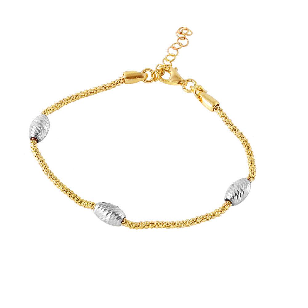 925 Sterling Silver Gold Plated Pop Corn Chain Italian Bracelet with Oval Bead Accents