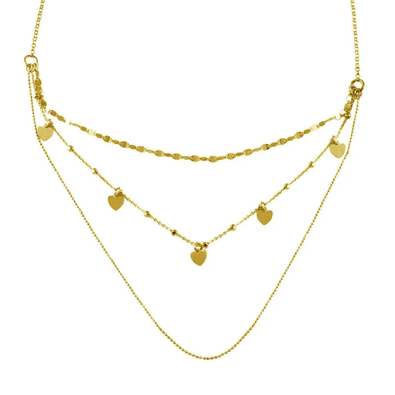 925 Sterling Silver Gold Plated Multi Chain Dangling Hearts Necklace