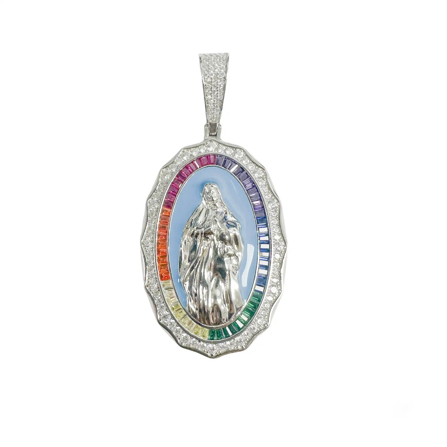 925 Sterling Silver Rhodium Plated Virgin Mary Multicolor Baguette Stone and Clear CZ Pendant