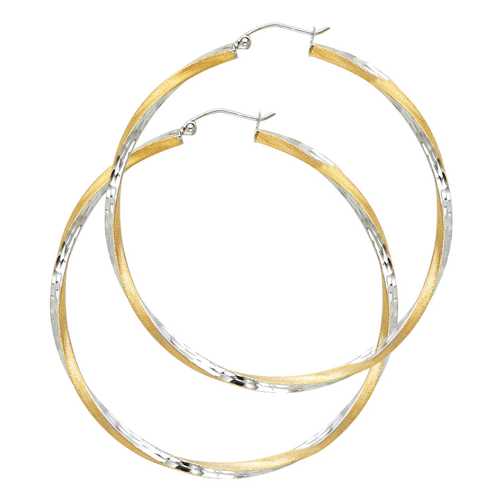 14K Two-Tone Gold Twisted Diamond-Cut Hoop Earrings 2.5mm thick aprox 1 3/4" tall