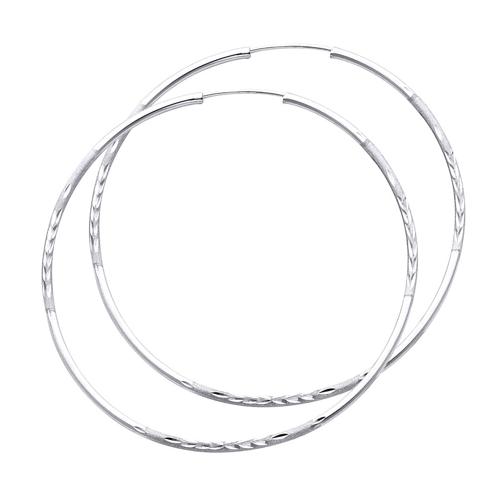 14K White Gold Hollow Satin-Finish / Diamond Cut Hoop Earrings 1.5mm Thick Aprox 2.2" in Diameter