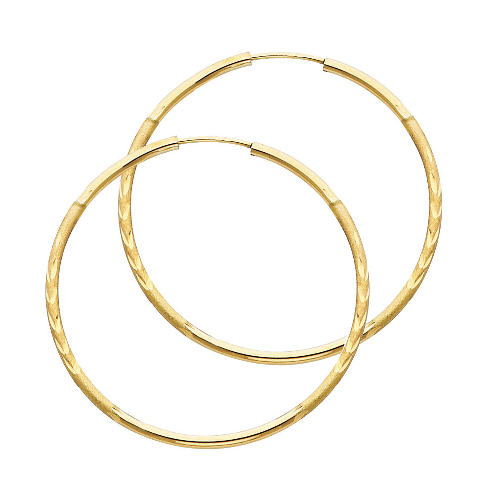 14K Yellow Gold Hollow Satin-Finish / Diamond Cut Hoop Earrings 1.5mm Thick Aprox 1.4" in Diameter