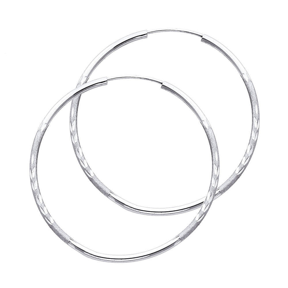 14K White Gold Hollow Satin-Finish / Diamond Cut Hoop Earrings 1.5mm Thick Aprox 1.4" in Diameter