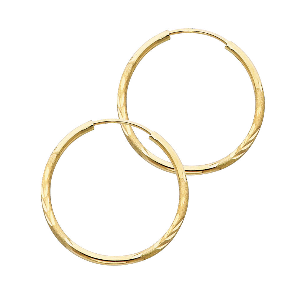 14K Yellow Gold Hollow Satin-Finish / Diamond Cut Hoop Earrings 1.5mm Thick Aprox 1.0" in Diameter