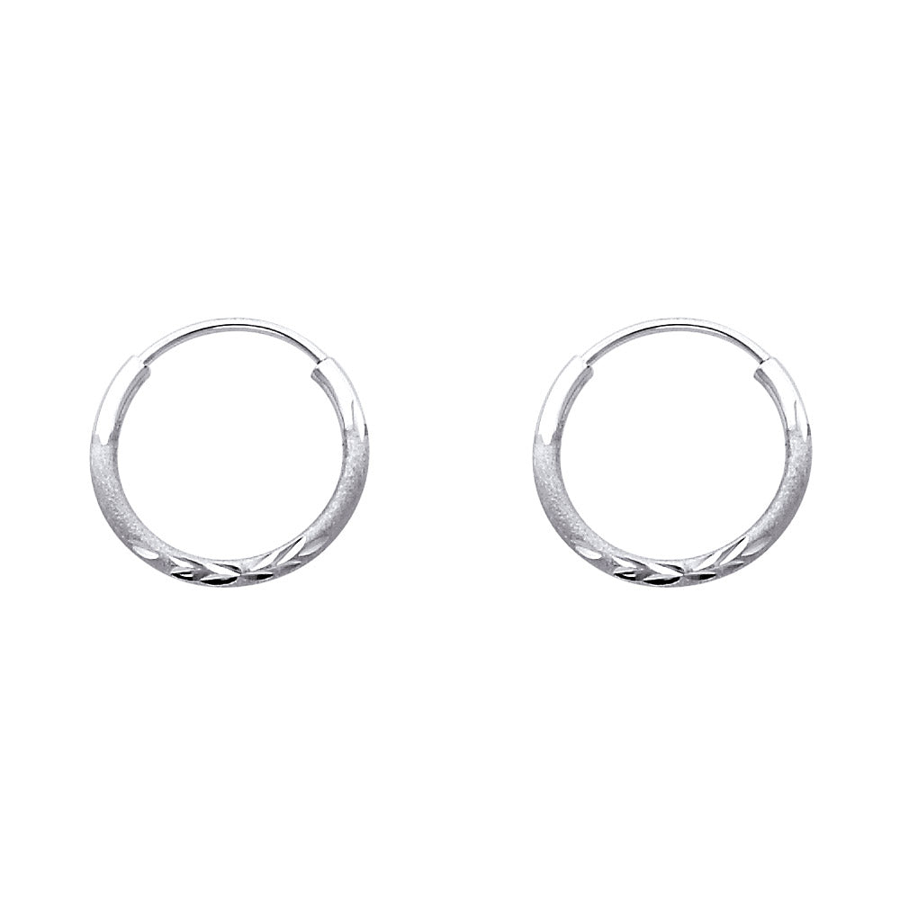 14K White Gold Hollow Satin-Finish / Diamond Cut Hoop Earrings 1.5mm Thick Aprox 0.6" in Diameter
