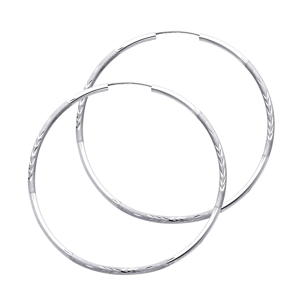 14K White Gold Hollow Satin-Finish / Diamond Cut Hoop Earrings 2.0mm Thick Aprox 2.0" in Diameter