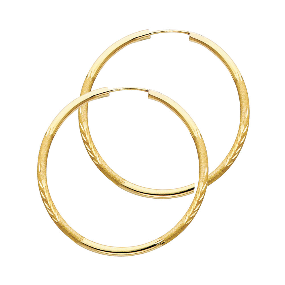 14K Yellow Gold Hollow Satin-Finish / Diamond Cut Hoop Earrings 2.0mm Thick Aprox 1.2" in Diameter