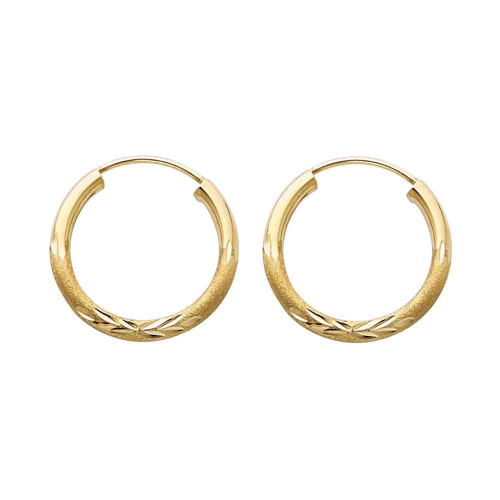 14K Yellow Gold Hollow Satin-Finish / Diamond Cut Hoop Earrings 2.0mm Thick Aprox 0.7" in Diameter