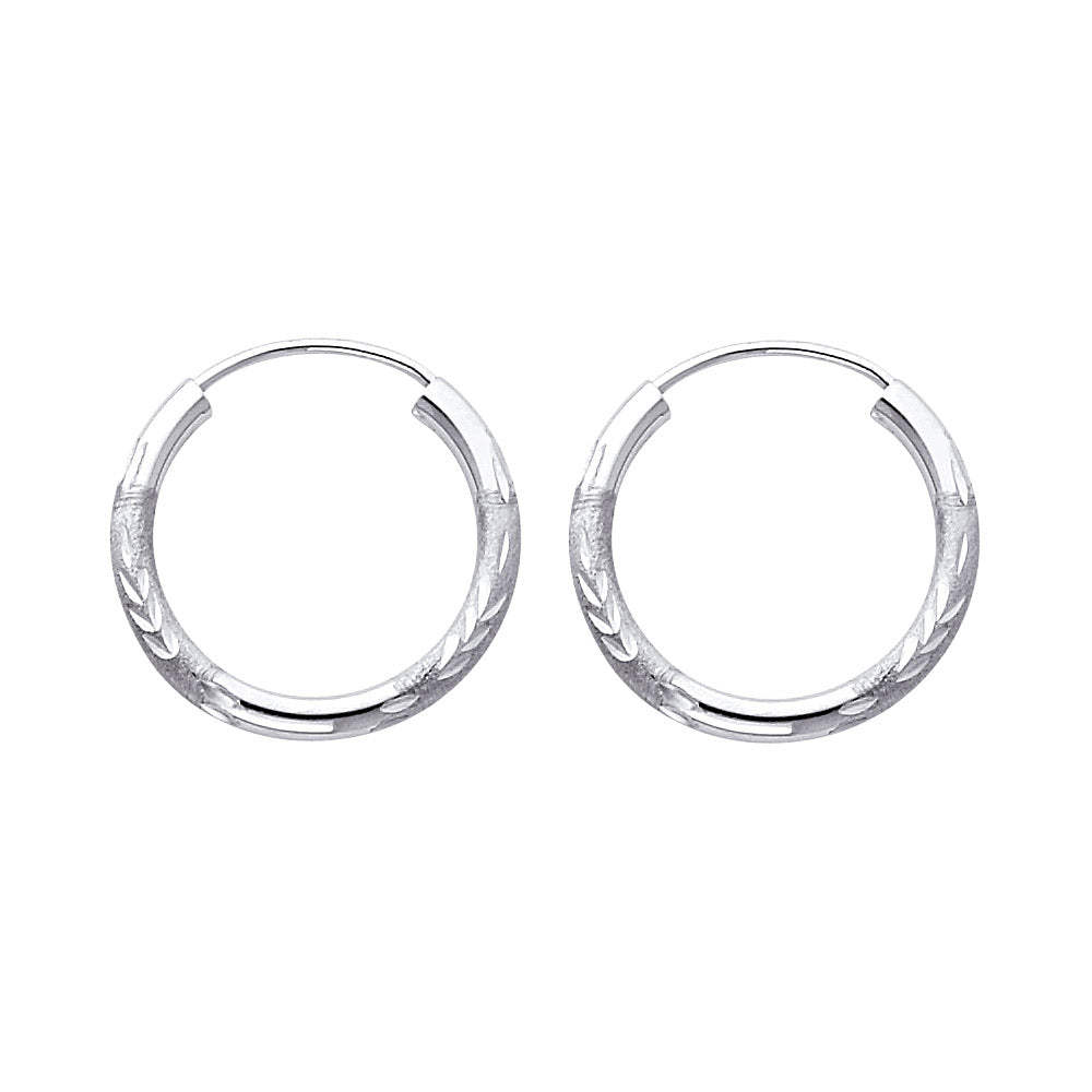 14K White Gold Hollow Satin-Finish / Diamond Cut Hoop Earrings 2.0mm Thick Aprox 0.8" in Diameter