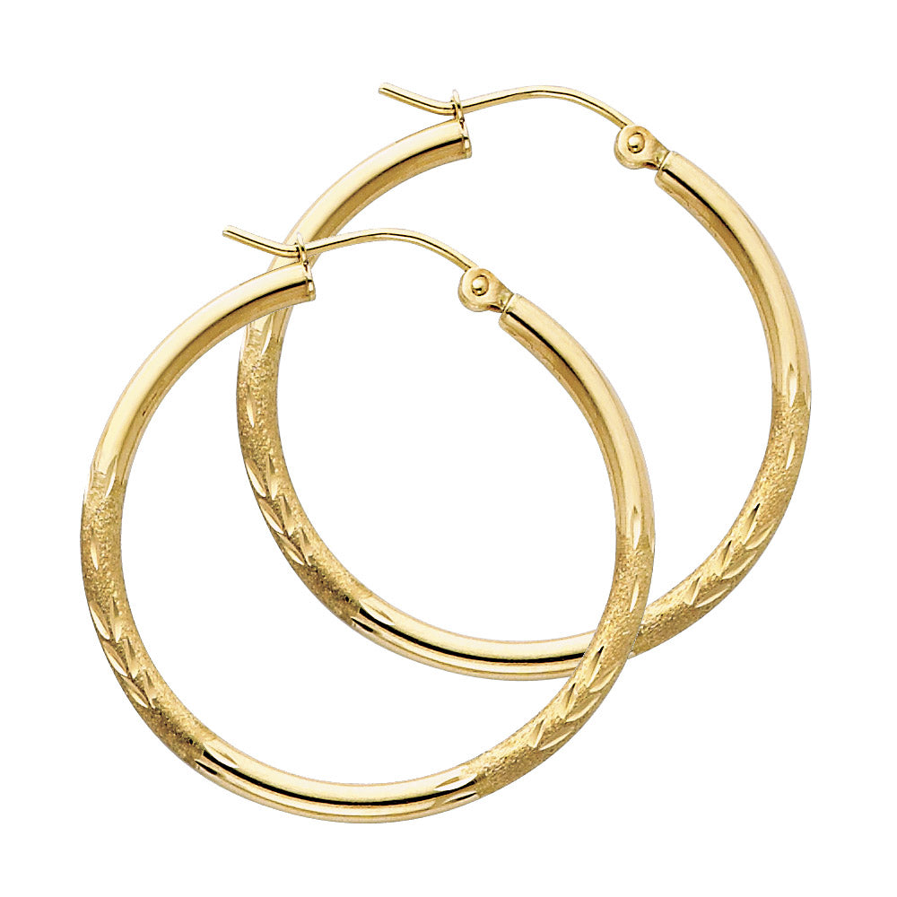 14K Yellow Gold Hollow Satin-Finish / Diamond Cut Hoop Earrings 2.0mm Thick Aprox 1.0" in Diameter