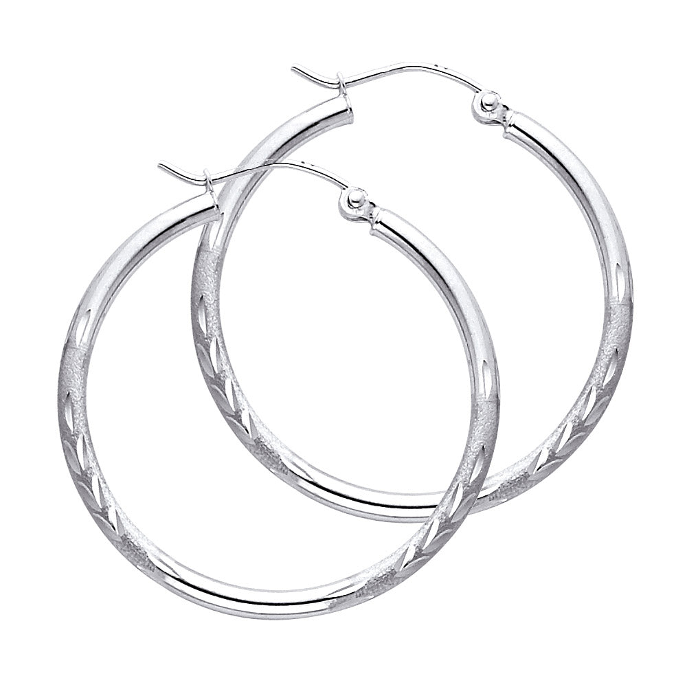 14K White Gold Hollow Satin-Finish / Diamond Cut Hoop Earrings 2.0mm Thick Aprox 0.8" in Diameter