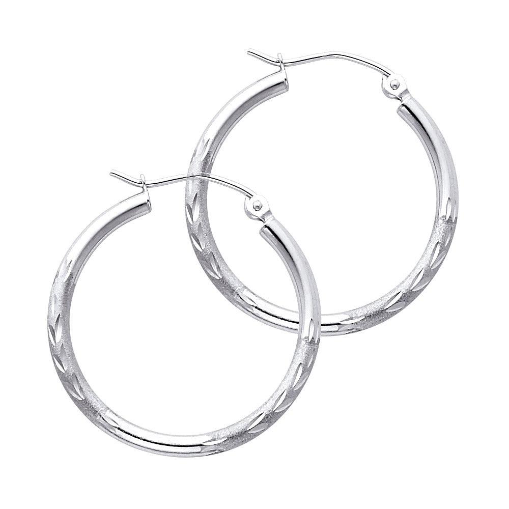 14K White Gold Hollow Satin-Finish / Diamond Cut Hoop Earrings 2.0mm Thick Aprox 0.8" in Diameter