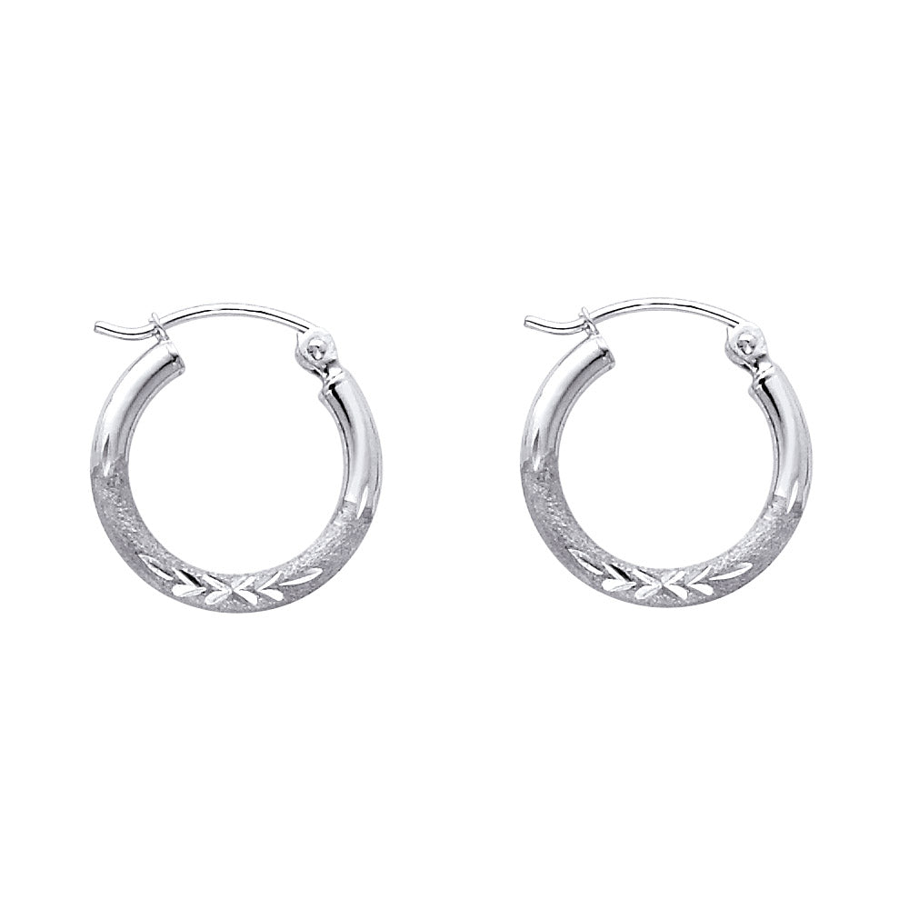 14K White Gold Hollow Satin-Finish / Diamond Cut Hoop Earrings 2.0mm Thick Aprox 0.8" in Diameter