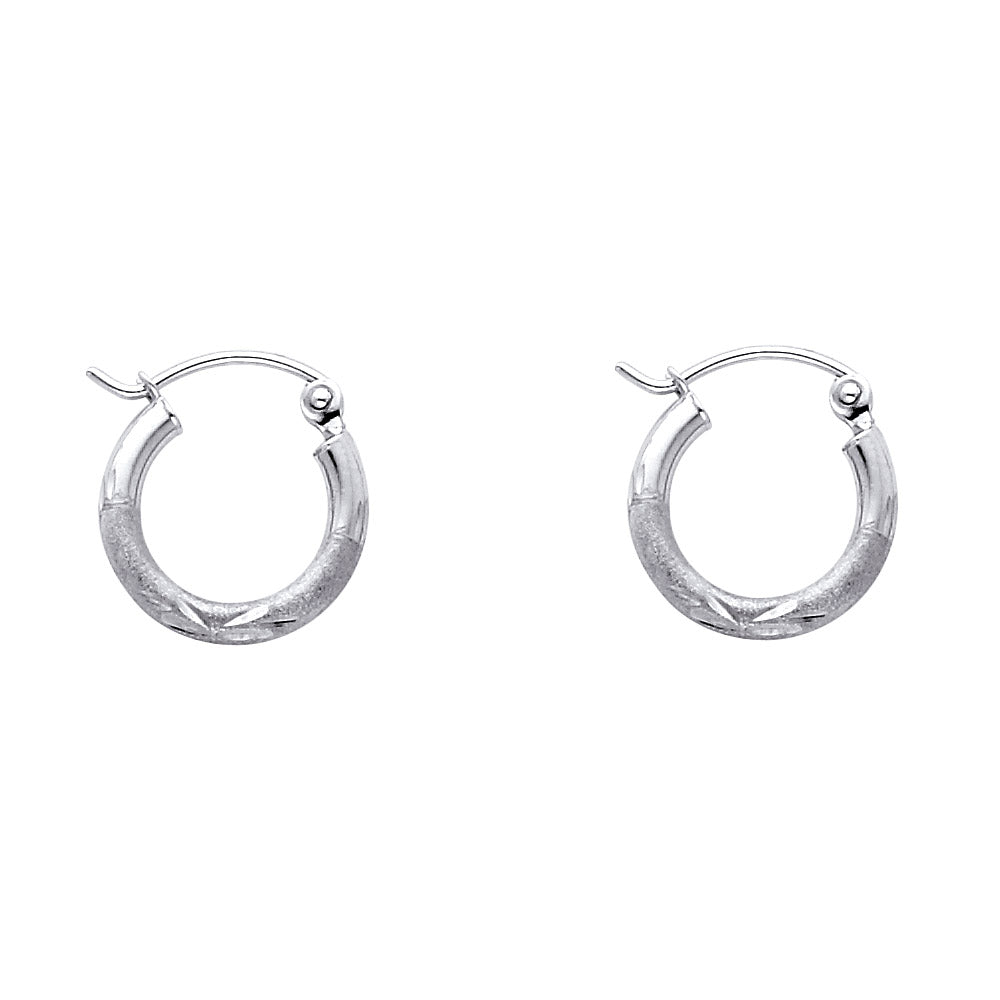 14K White Gold Hollow Satin-Finish / Diamond Cut Hoop Earrings 2.0mm Thick Aprox 0.8" in Diameter