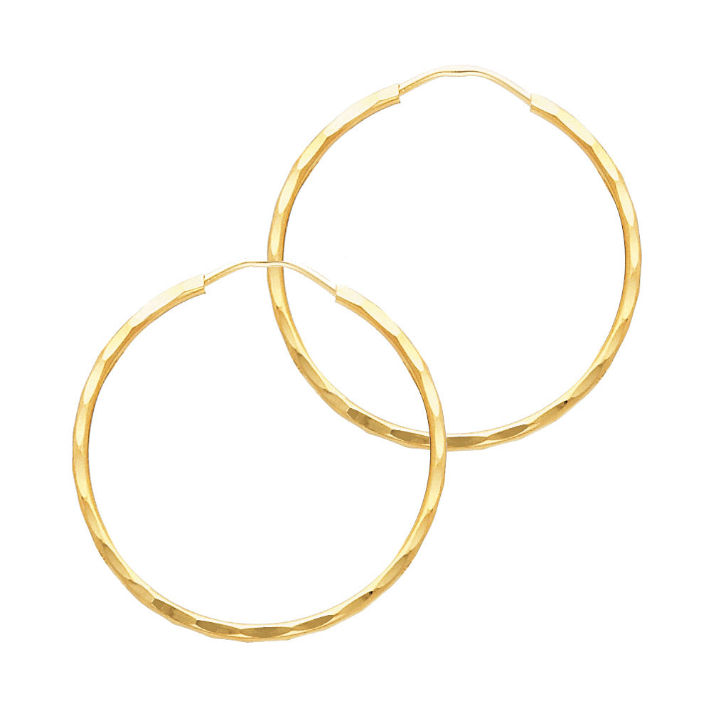 14K Yellow Gold Diamond-Cut 1.5mm Textured Round Hoop Earrings Thick Aprox 1.0" in Diameter