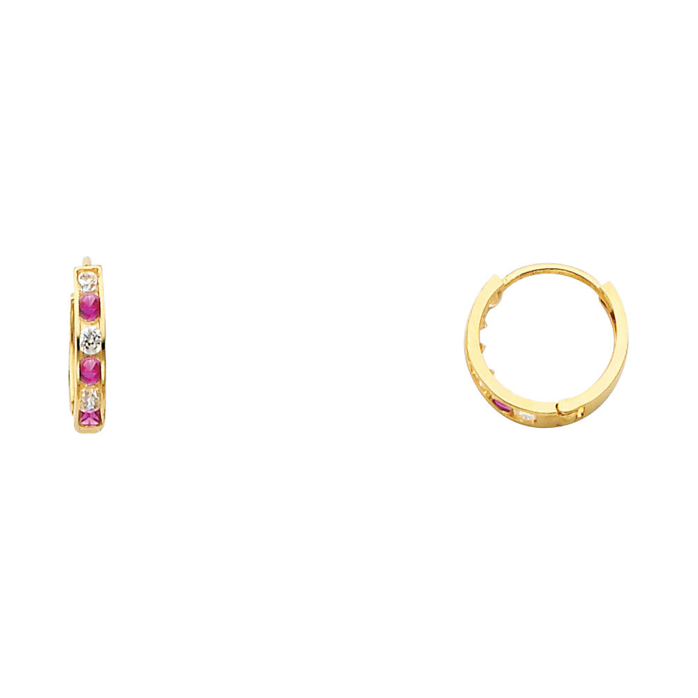 14K Yellow Gold Red CZ & White CZ Channel-Set Hoop Earrings aprox 1/2" in diameter