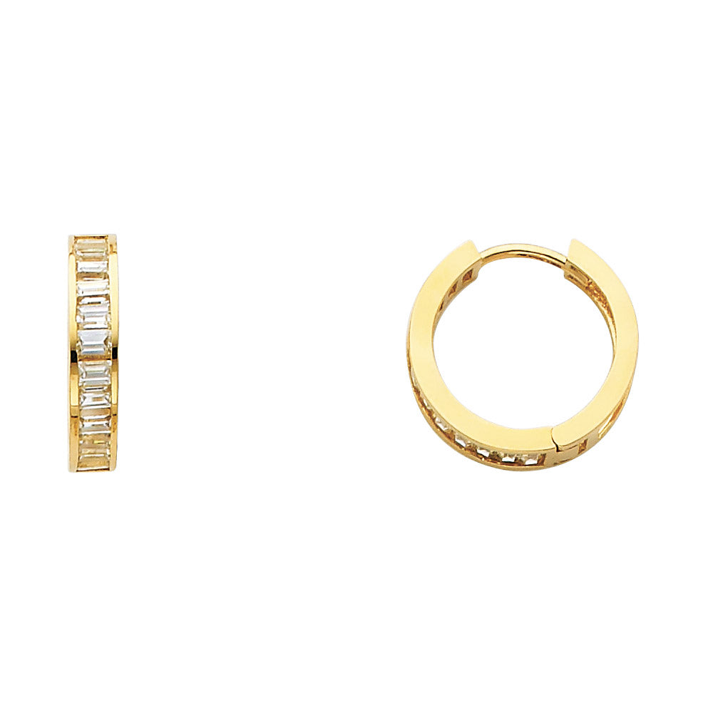 14K Yellow Gold Baguette-Cut CZ Channel-Set Hoop Earrings aprox 1/2" in diameter