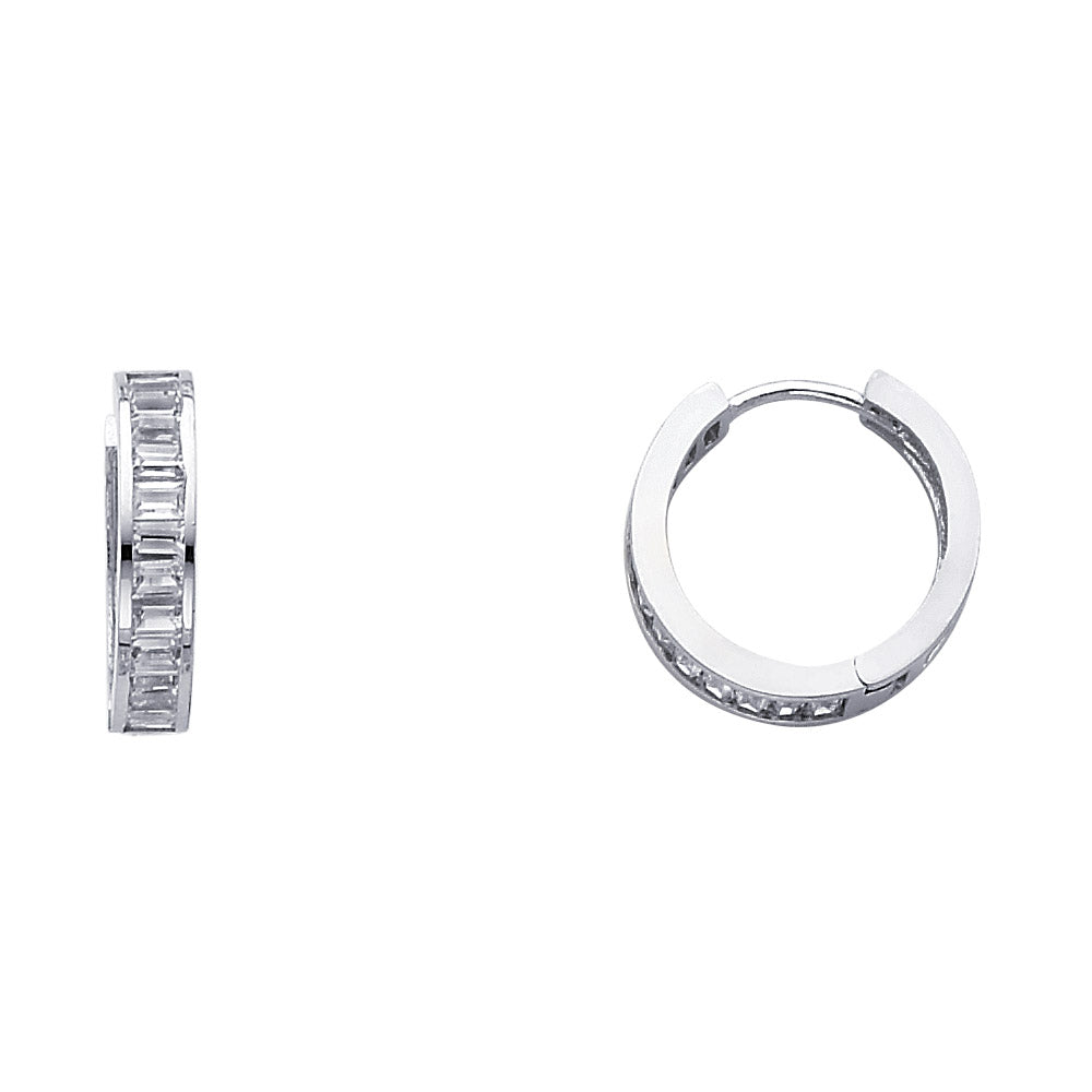 14K White Gold Baguette-Cut CZ Channel-Set Hoop Earrings aprox 1/2" in diameter