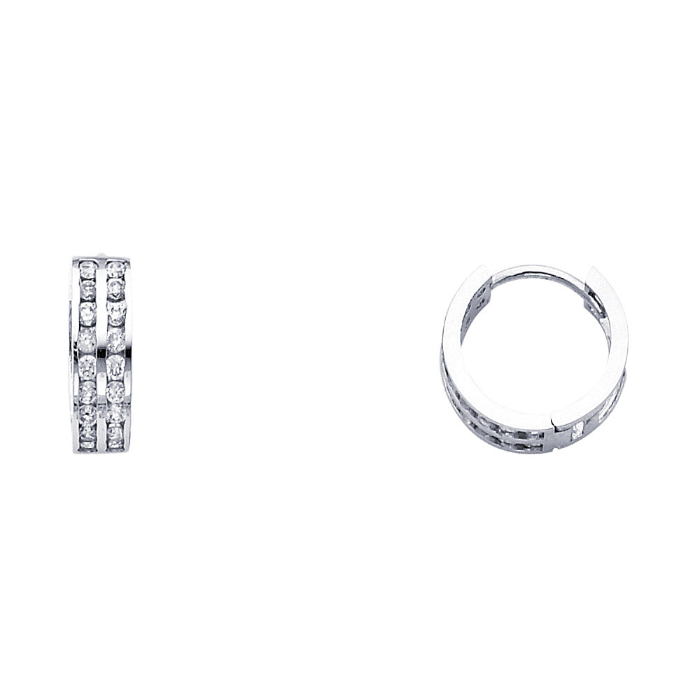 14K White Gold 2-Line Huggie CZ Earrings