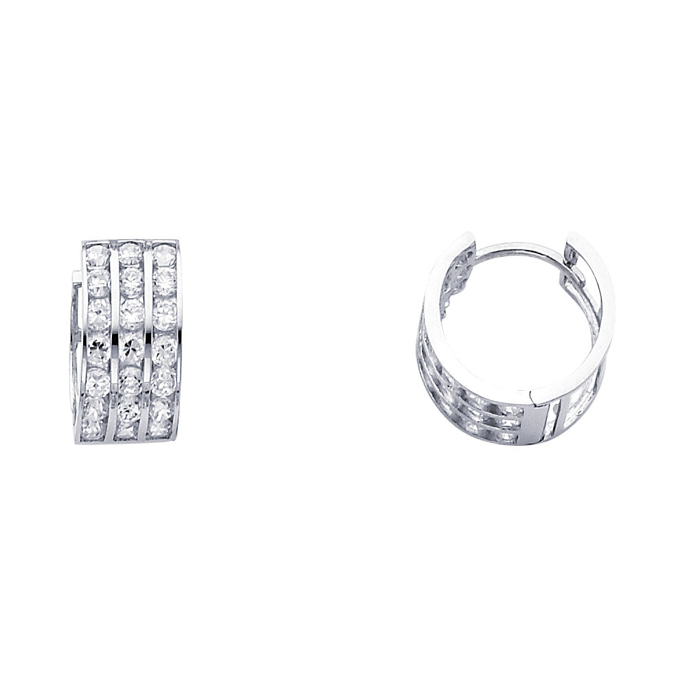 14K White Gold 3-Line Huggie CZ Earrings